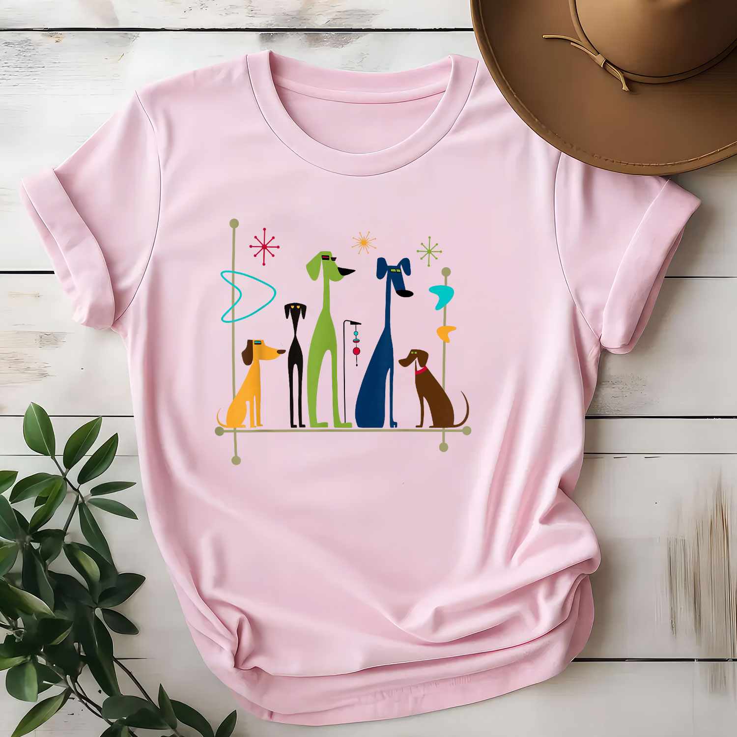 Retro Mid-Century Modern Dogs Tee 50s 60s Vintage Art Style T-Shirt for Men Women Unisex Adults