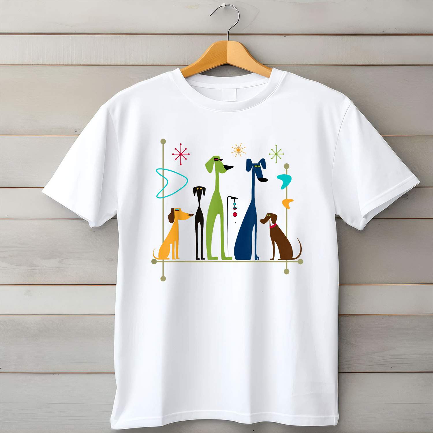 Retro Mid-Century Modern Dogs Tee 50s 60s Vintage Art Style T-Shirt for Men Women Unisex Adults