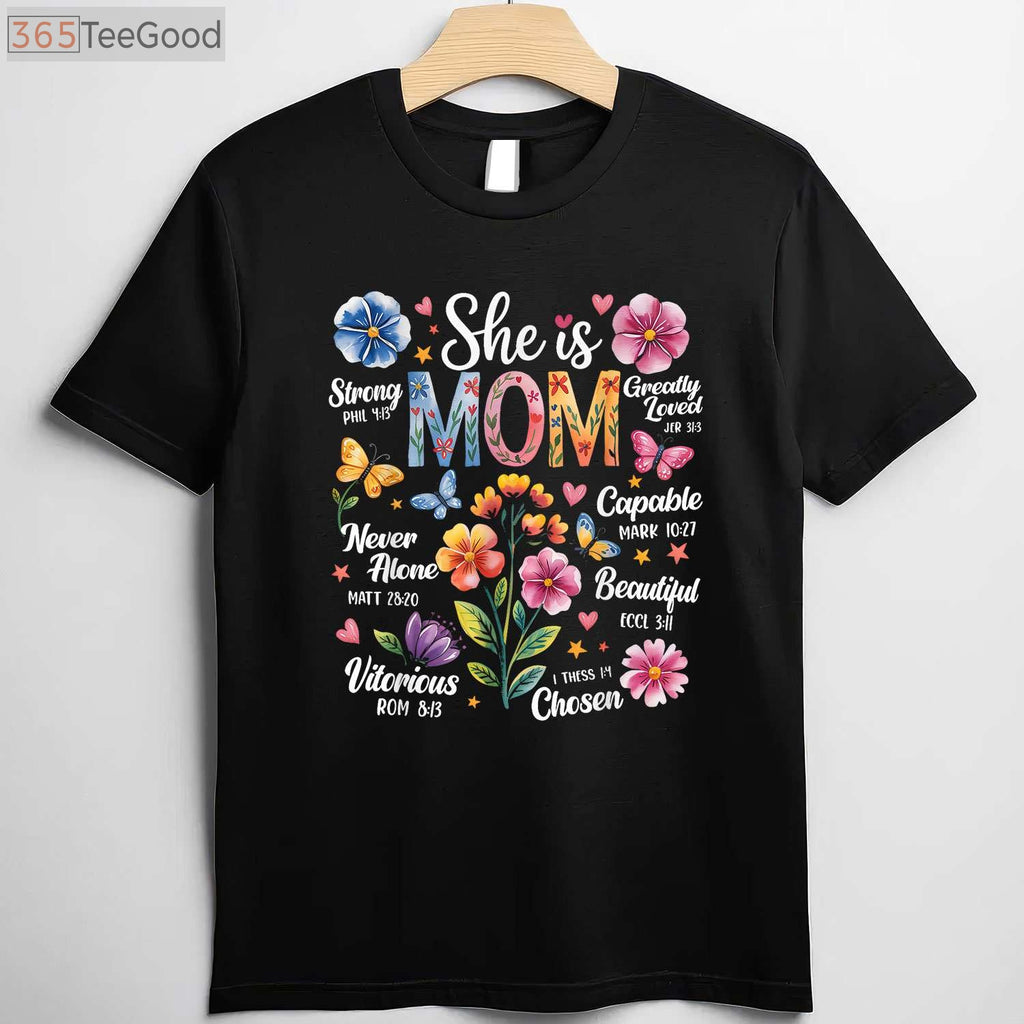She Is Mom Bible Verse Christian Boho Floral Mother’s Day T-Shirt