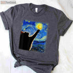 Starry Night Black Cat T-Shirt - Van Gogh Artistic Cat Lover Painting Gift