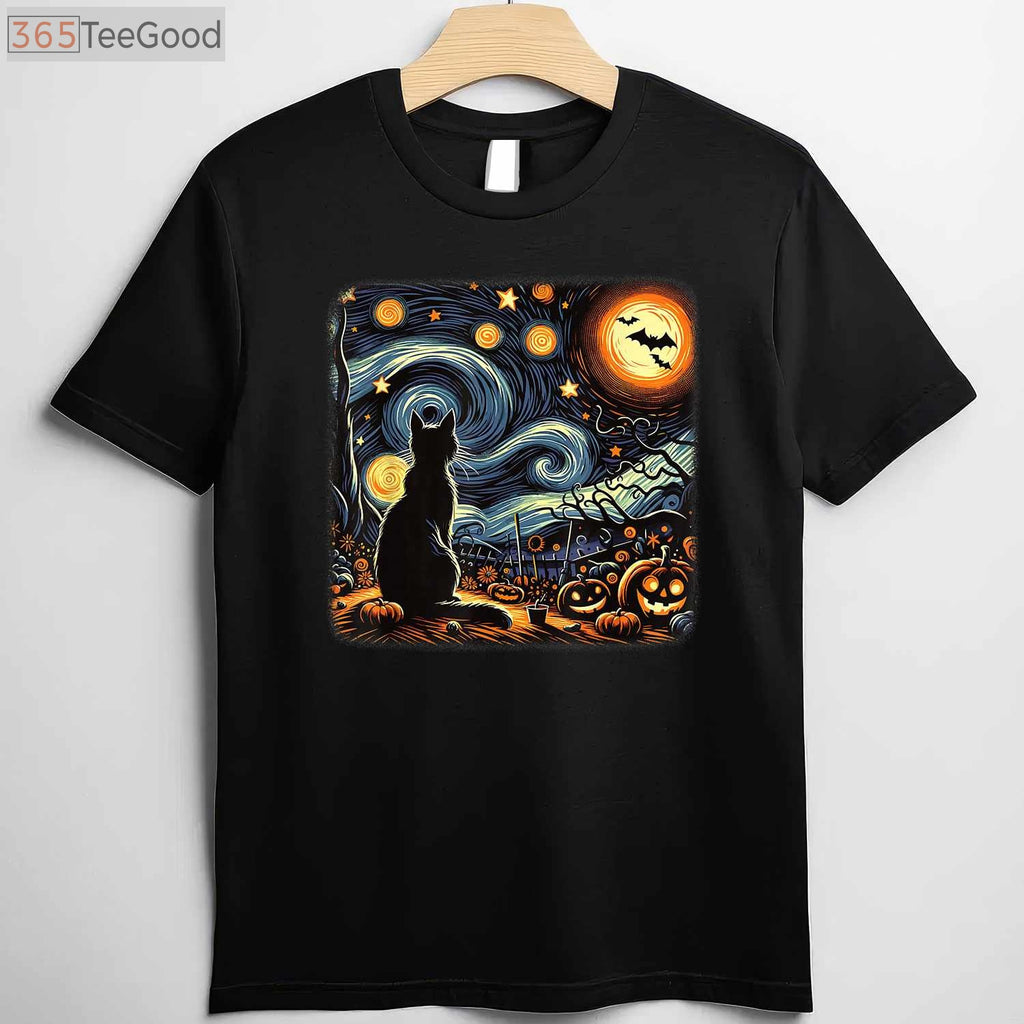Starry Night Black Cat T-Shirt - Van Gogh Artistic Halloween Cat Lover Gift
