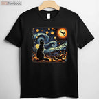 Starry Night Black Cat T-Shirt - Van Gogh Artistic Halloween Cat Lover Gift