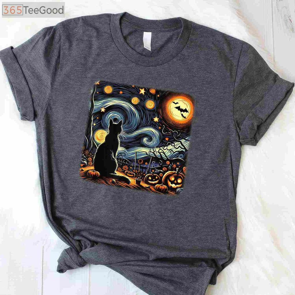 Starry Night Black Cat T-Shirt - Van Gogh Artistic Halloween Cat Lover Gift