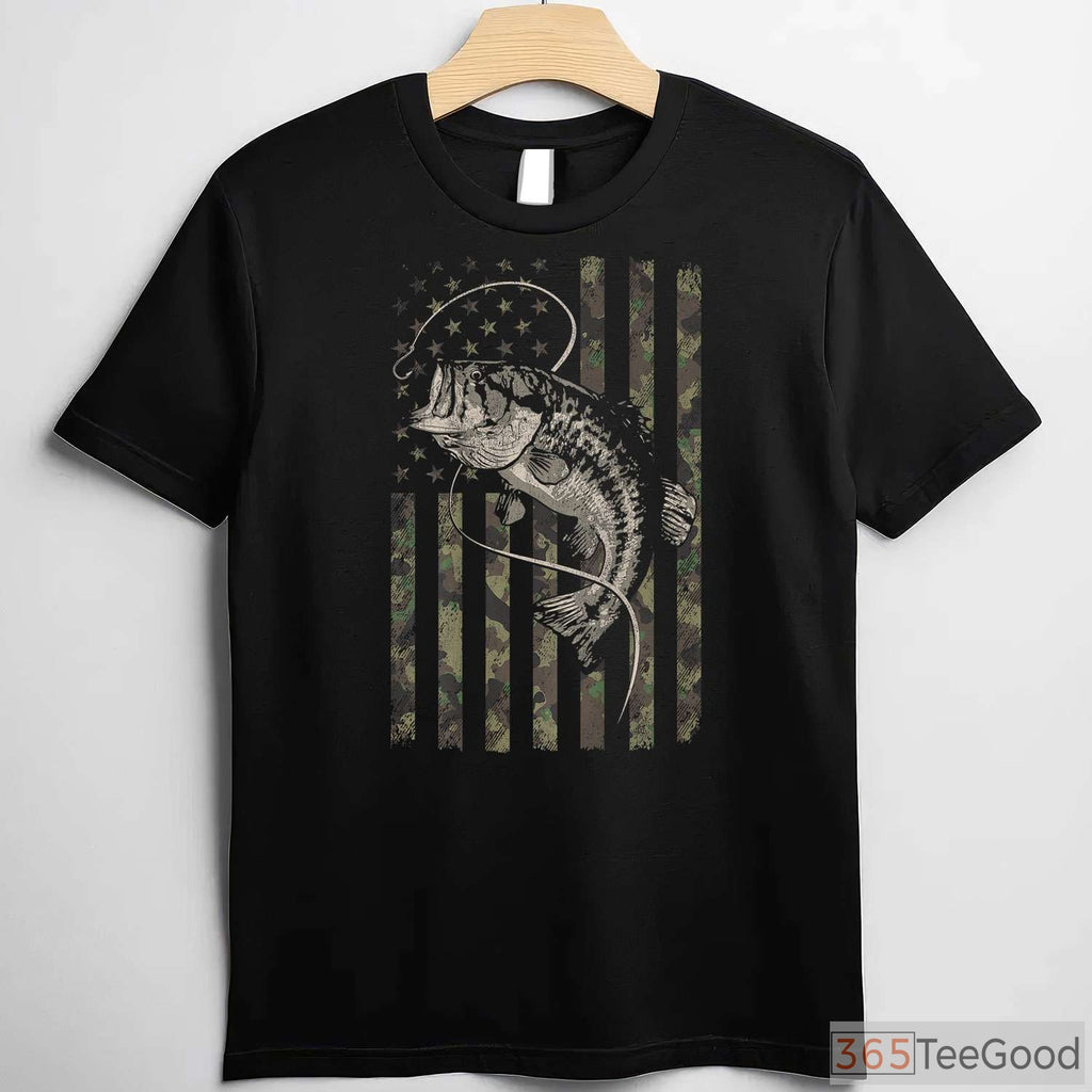 Tactical Camouflage American Flag Bass Fishing Shirt - Rugged Outdoor Apparel
