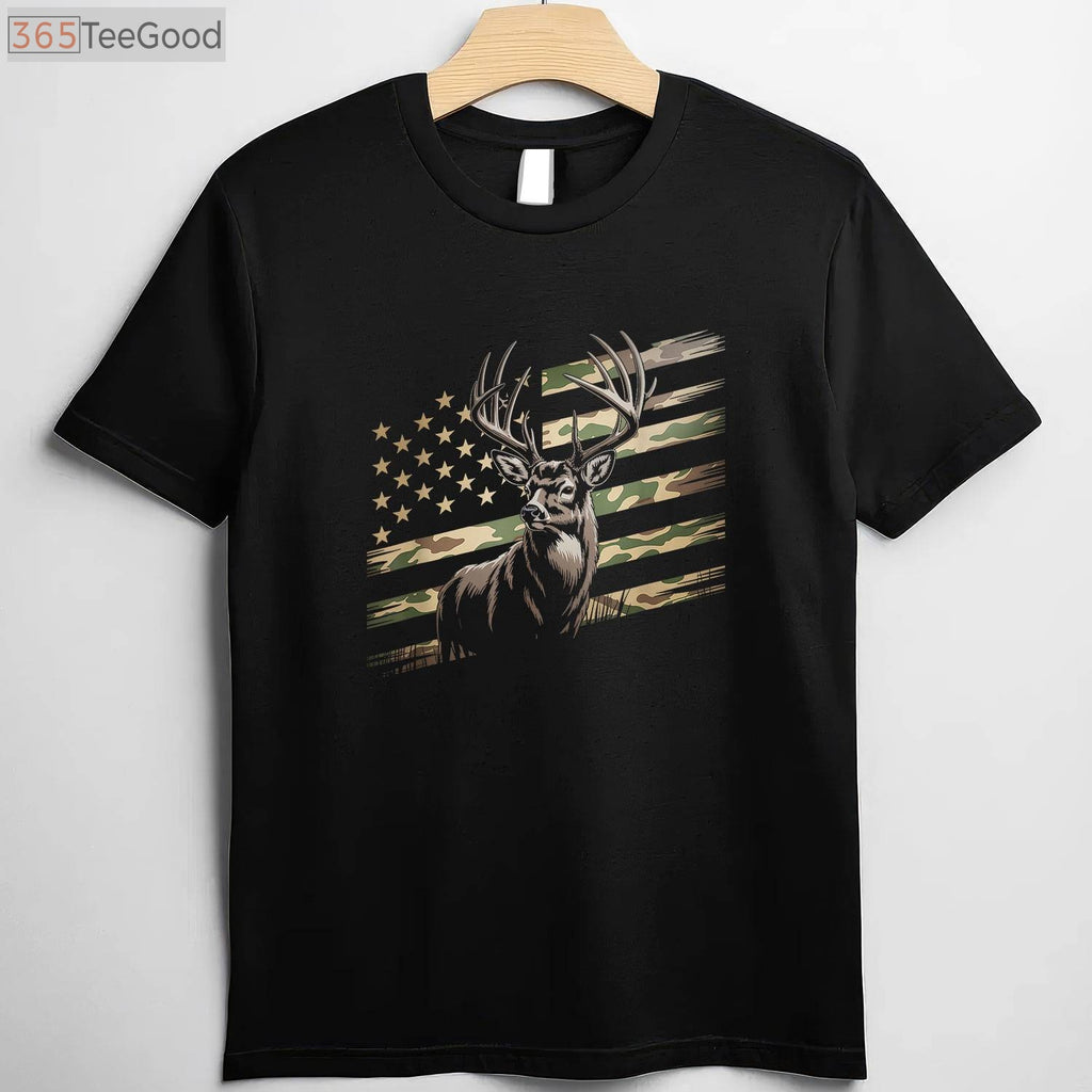 USA Flag Whitetail Buck Camo Deer Hunting T-Shirt, Patriotic Hunter Apparel