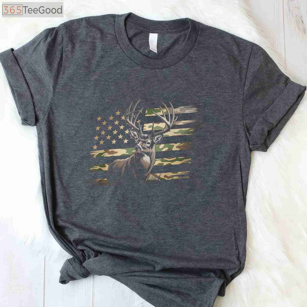 USA Flag Whitetail Buck Camo Deer Hunting T-Shirt, Patriotic Hunter Apparel