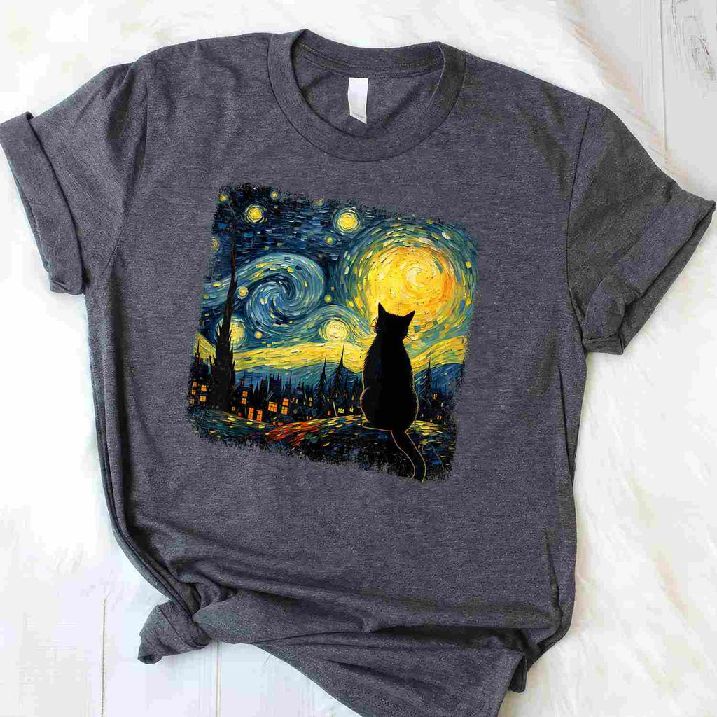 Van Gogh Starry Night Cat Art Gift Tee T-Shirt for Cat Lover Adults Unisex