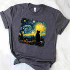 Van Gogh Starry Night Cat Art Gift Tee T-Shirt for Cat Lover Adults Unisex