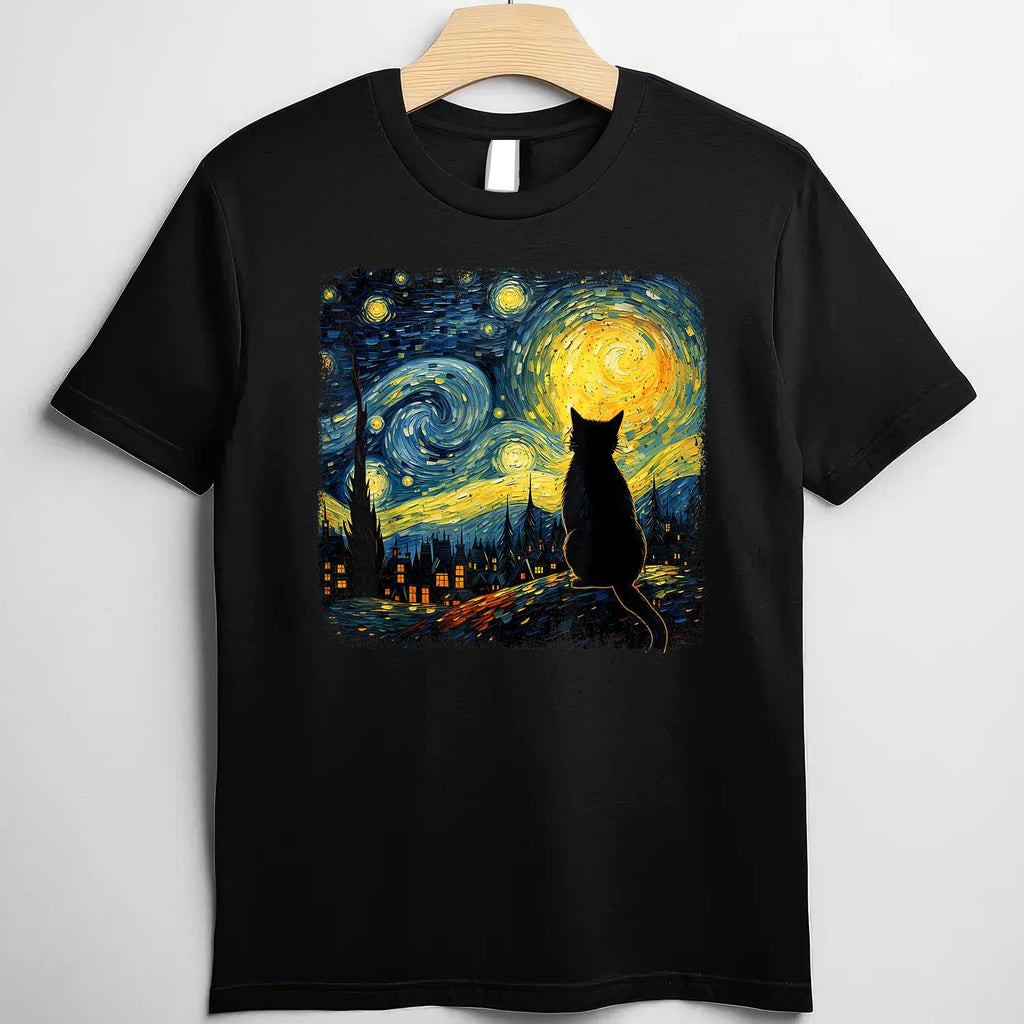 Van Gogh Starry Night Cat Art Gift Tee T-Shirt for Cat Lover Adults Unisex
