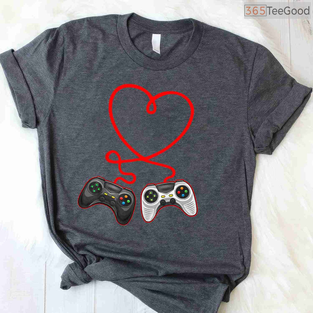Video Gamer Valentine's Day T-Shirt with Controllers, Gaming Heart Pulse Multiplayer Shirt for Him