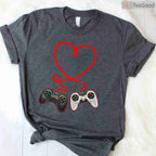 Video Gamer Valentine's Day T-Shirt with Controllers, Gaming Heart Pulse Multiplayer Shirt for Him