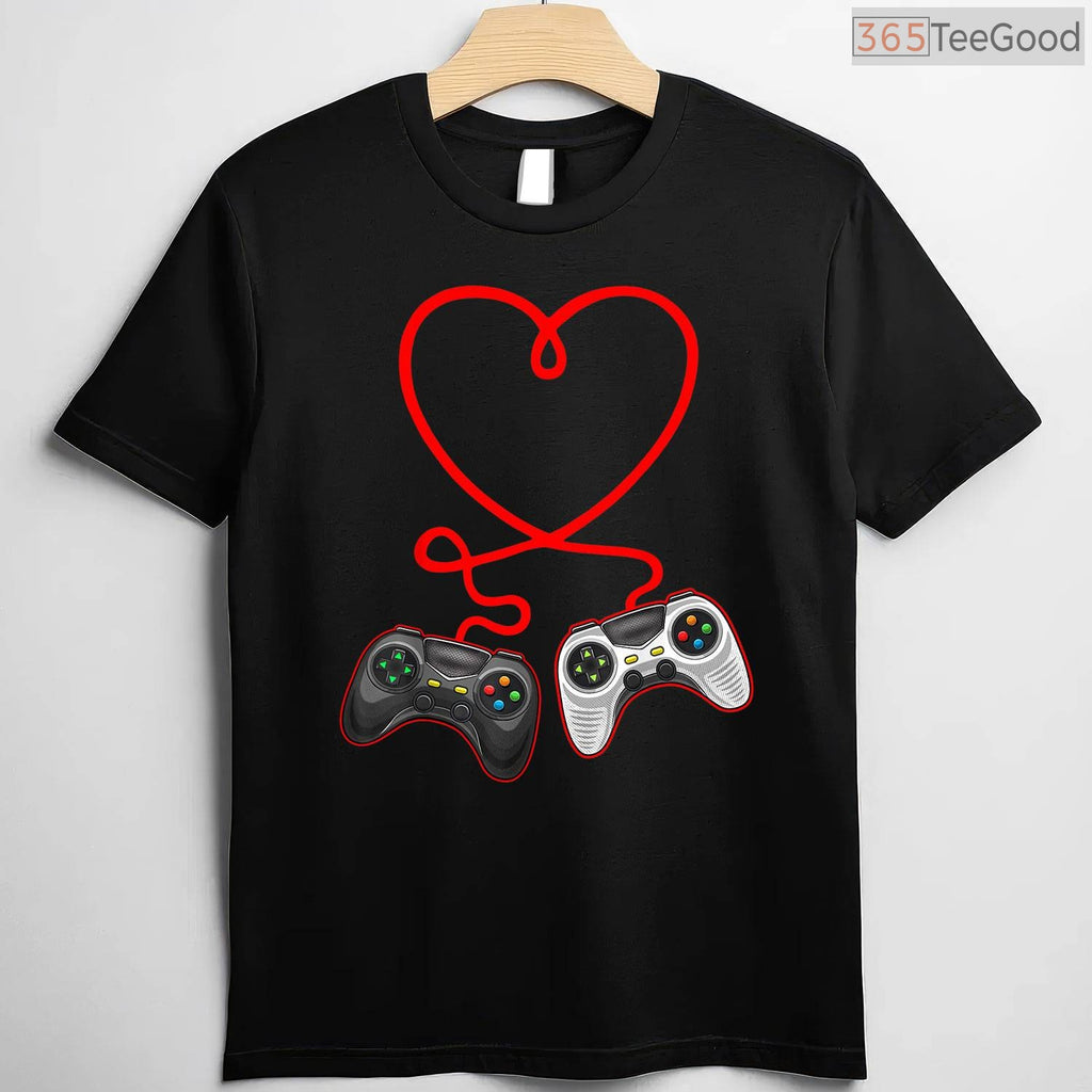 Video Gamer Valentine's Day T-Shirt with Controllers, Gaming Heart Pulse Multiplayer Shirt for Him