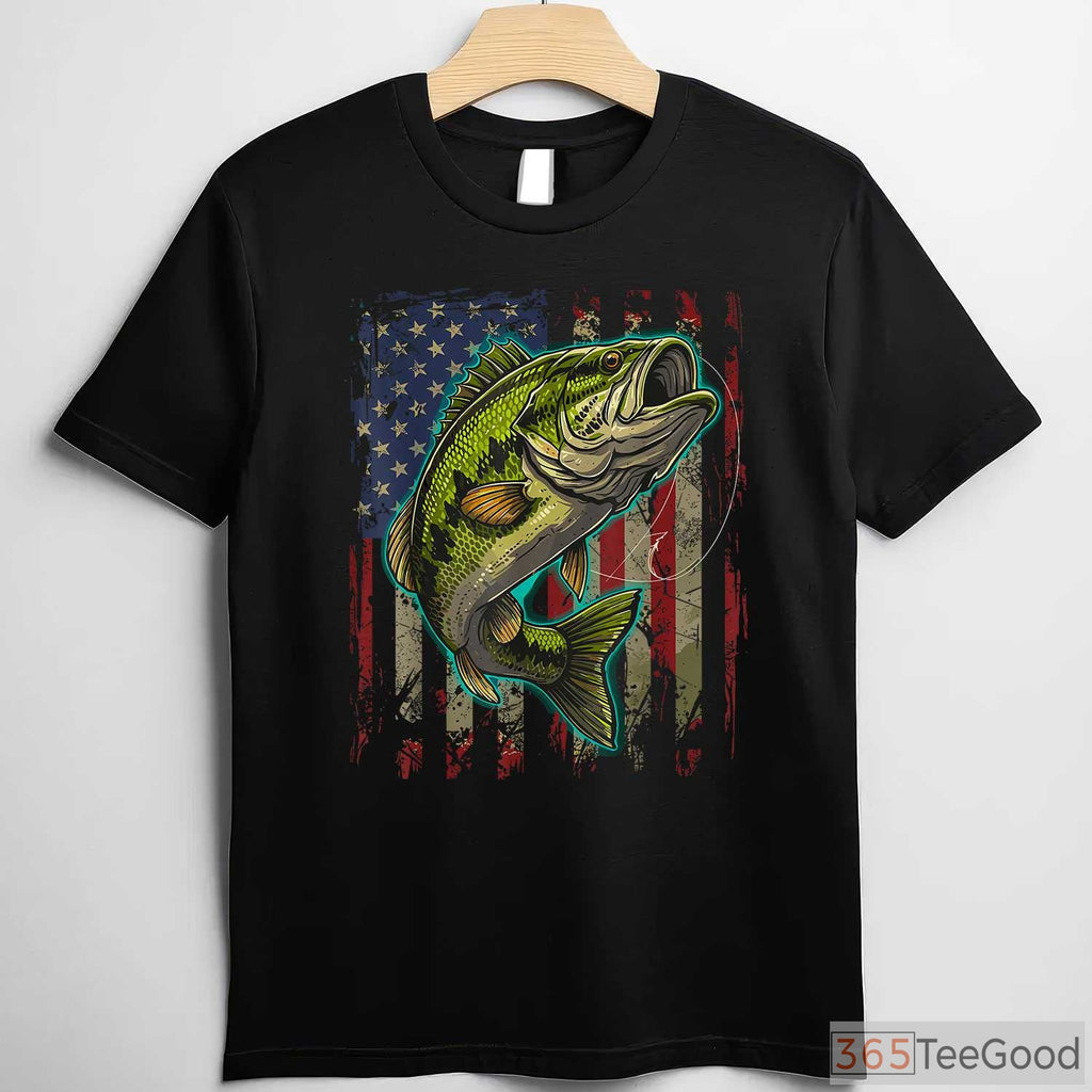 Vintage American Flag Bass Fishing Shirt, Patriotic Angler Graphic Tee