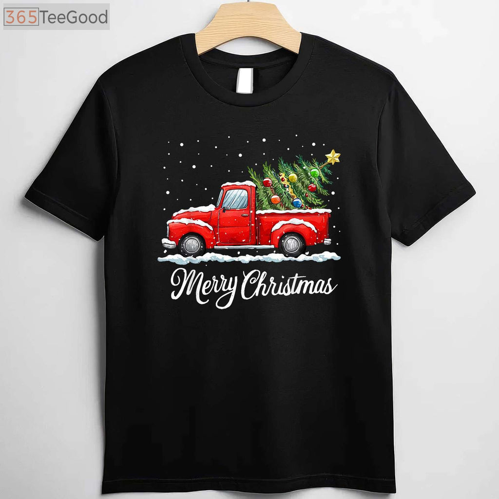 Vintage Red Truck Merry Christmas T-Shirt - Old Fashioned Xmas Tree Gift