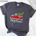 Vintage Red Truck Merry Christmas T-Shirt - Old Fashioned Xmas Tree Gift