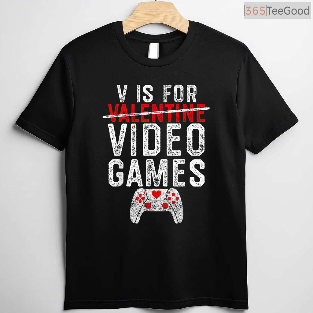 V is for Video Games Funny Valentine T-Shirt, Console Gamer Boy Level Up Love Shirt for Men Kids
