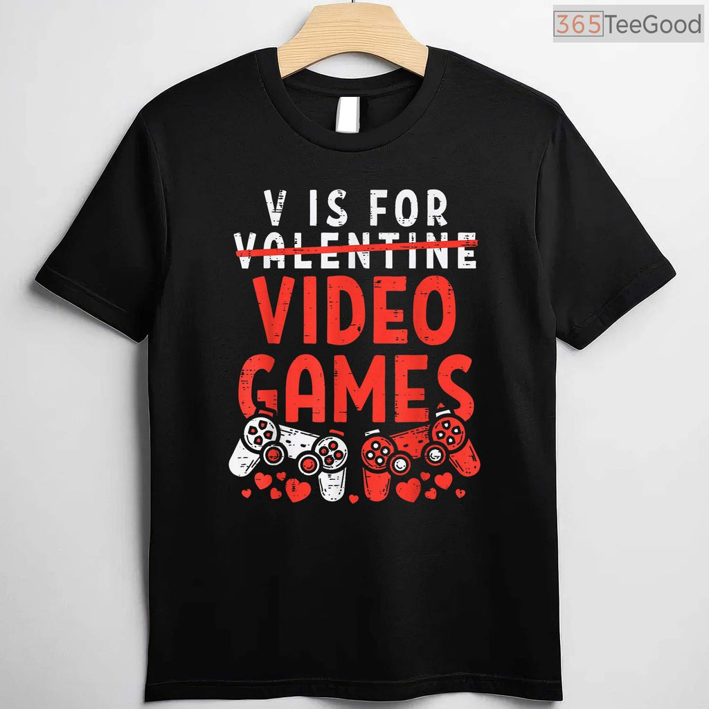 V is for Video Games Funny Gamer Valentine T-Shirt, Retro Gaming Controller Heart Shirt for Boys