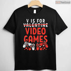 V is for Video Games Funny Gamer Valentine T-Shirt, Retro Gaming Controller Heart Shirt for Boys