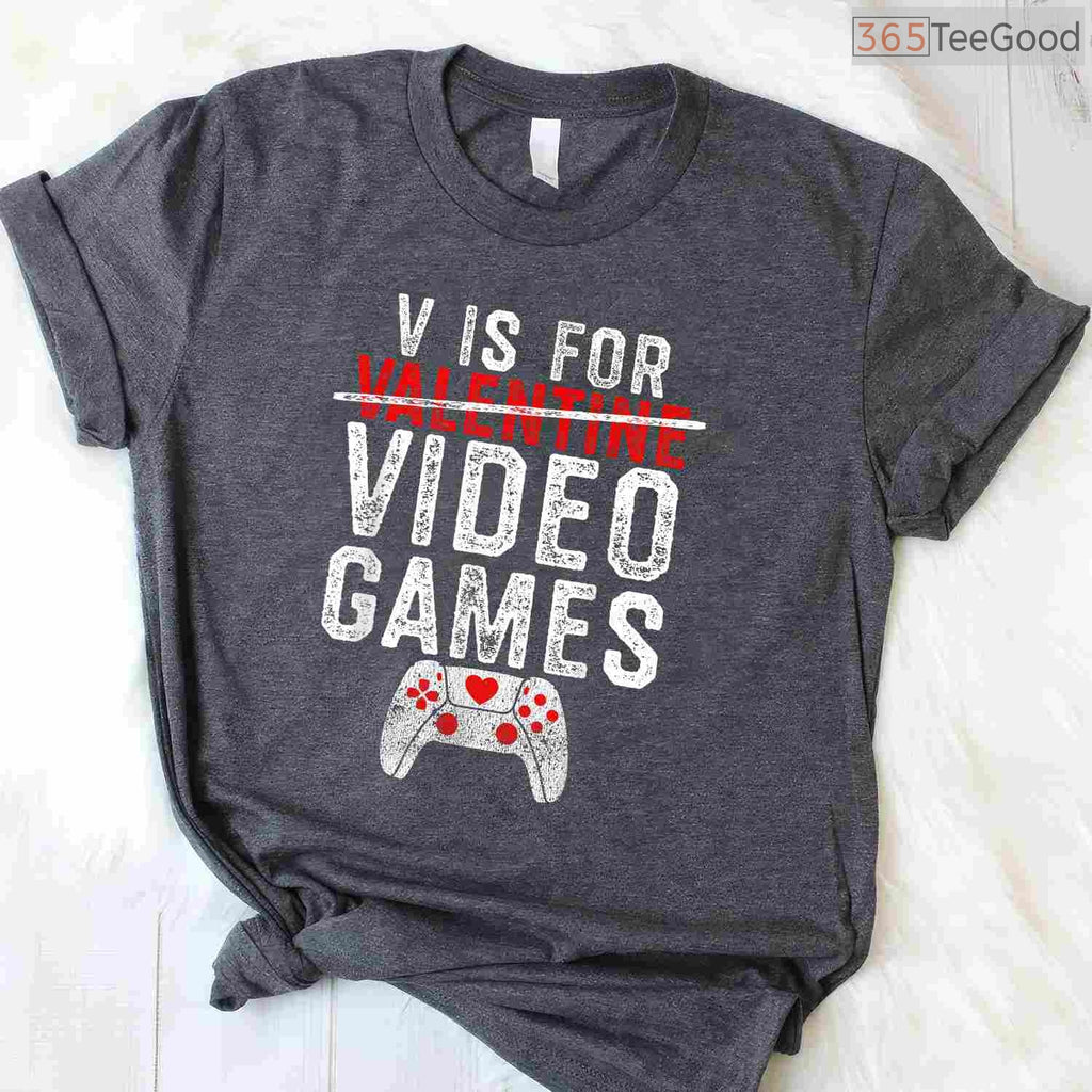 V is for Video Games Funny Valentine T-Shirt, Console Gamer Boy Level Up Love Shirt for Men Kids