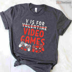 V is for Video Games Funny Gamer Valentine T-Shirt, Retro Gaming Controller Heart Shirt for Boys