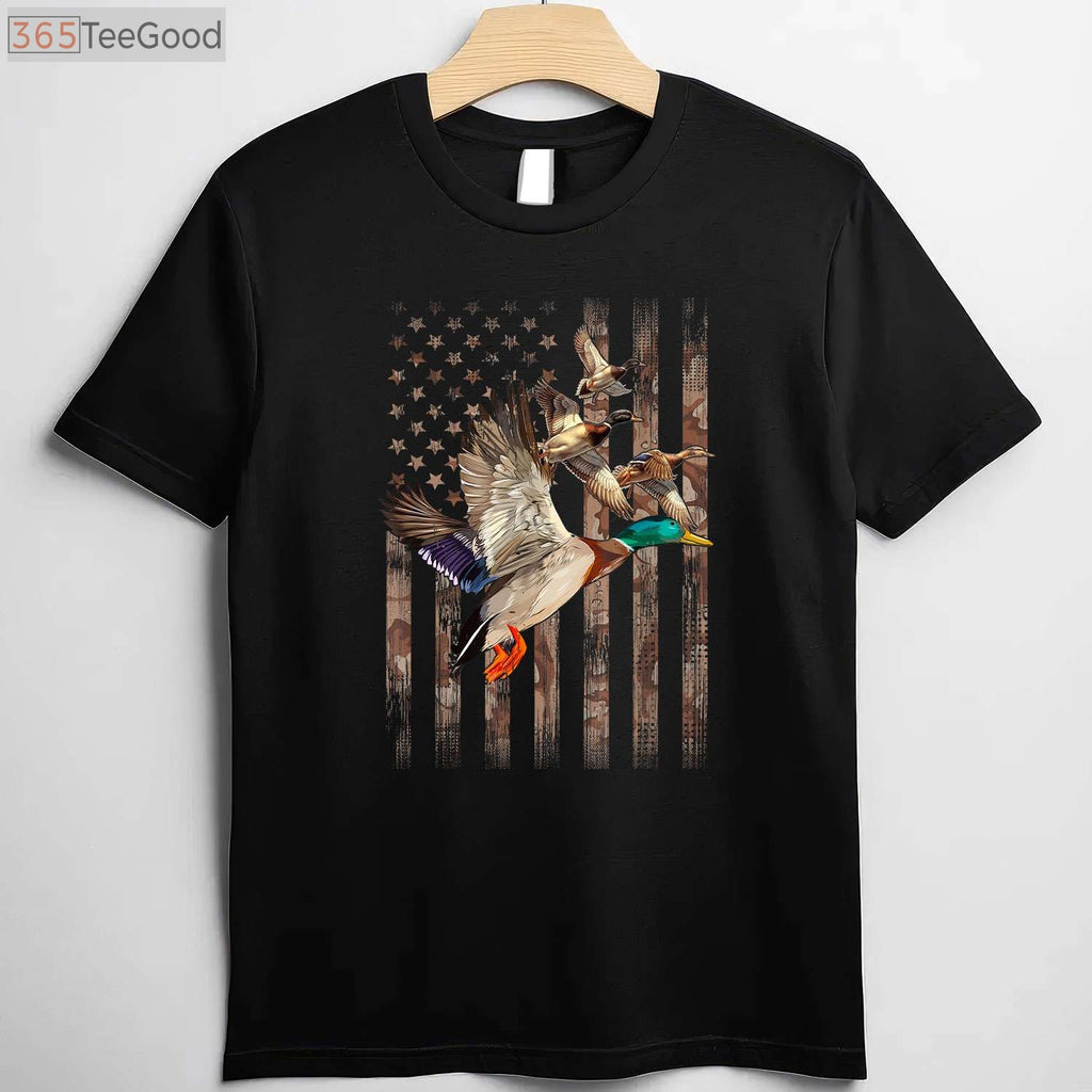 Waterfowl Duck Hunting American Flag Camo Tee, Patriotic Bird Hunter Shirt