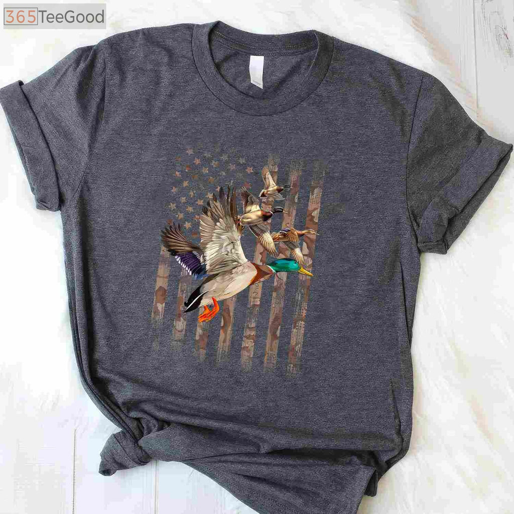 Waterfowl Duck Hunting American Flag Camo Tee, Patriotic Bird Hunter Shirt