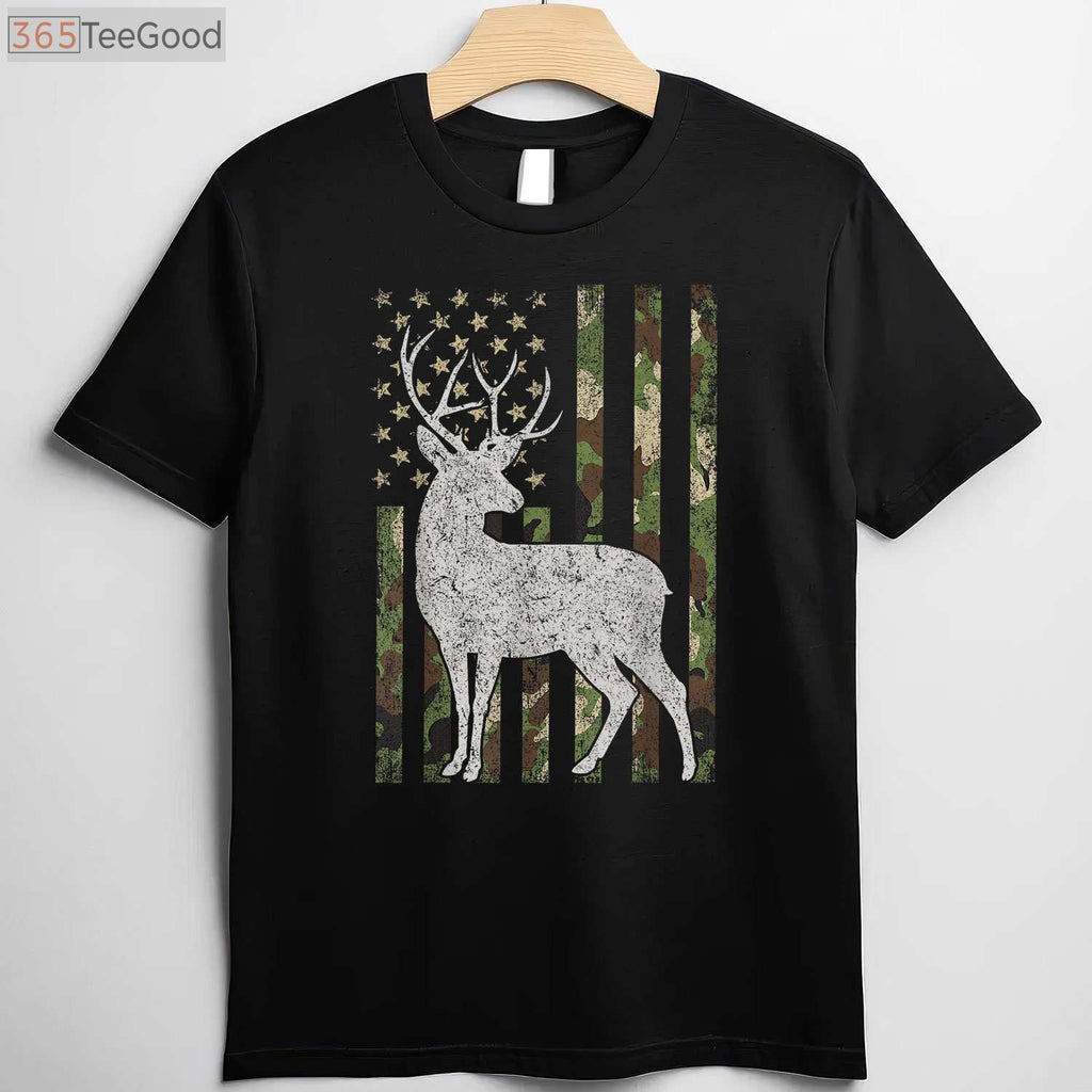 Whitetail Buck Hunting 4th of July Patriotic Shirt, USA Flag Camouflage Tee