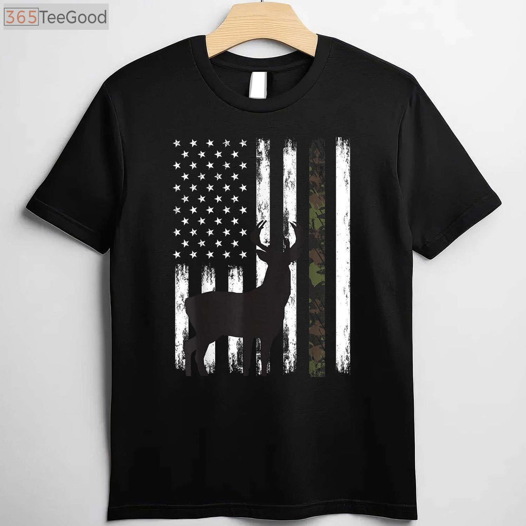 Whitetail Deer Hunting American Flag Apparel, Patriotic Buck Camo Tee
