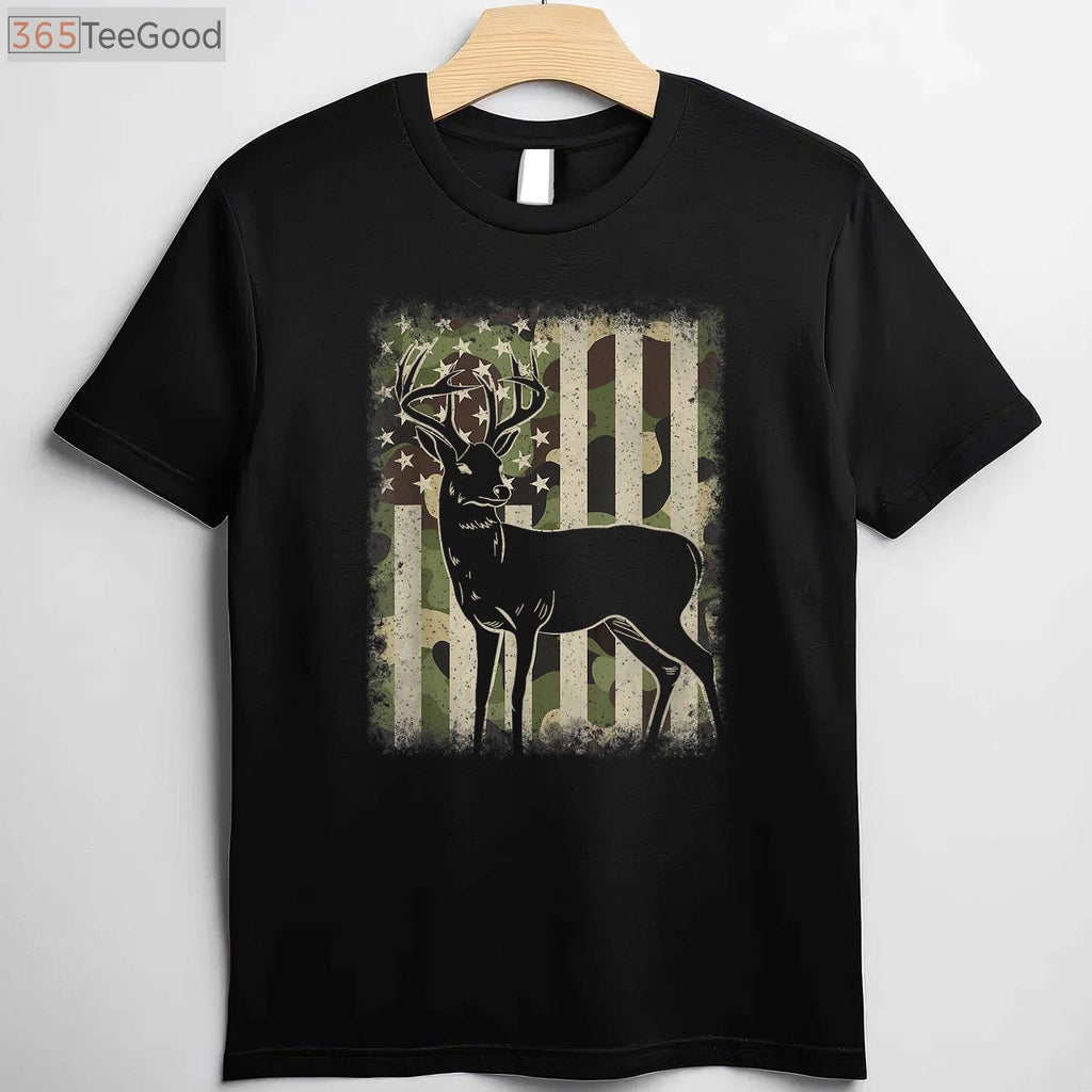 Whitetail Buck Hunting Camouflage Shirt, US Flag Patriotic Hunter Camo Tee