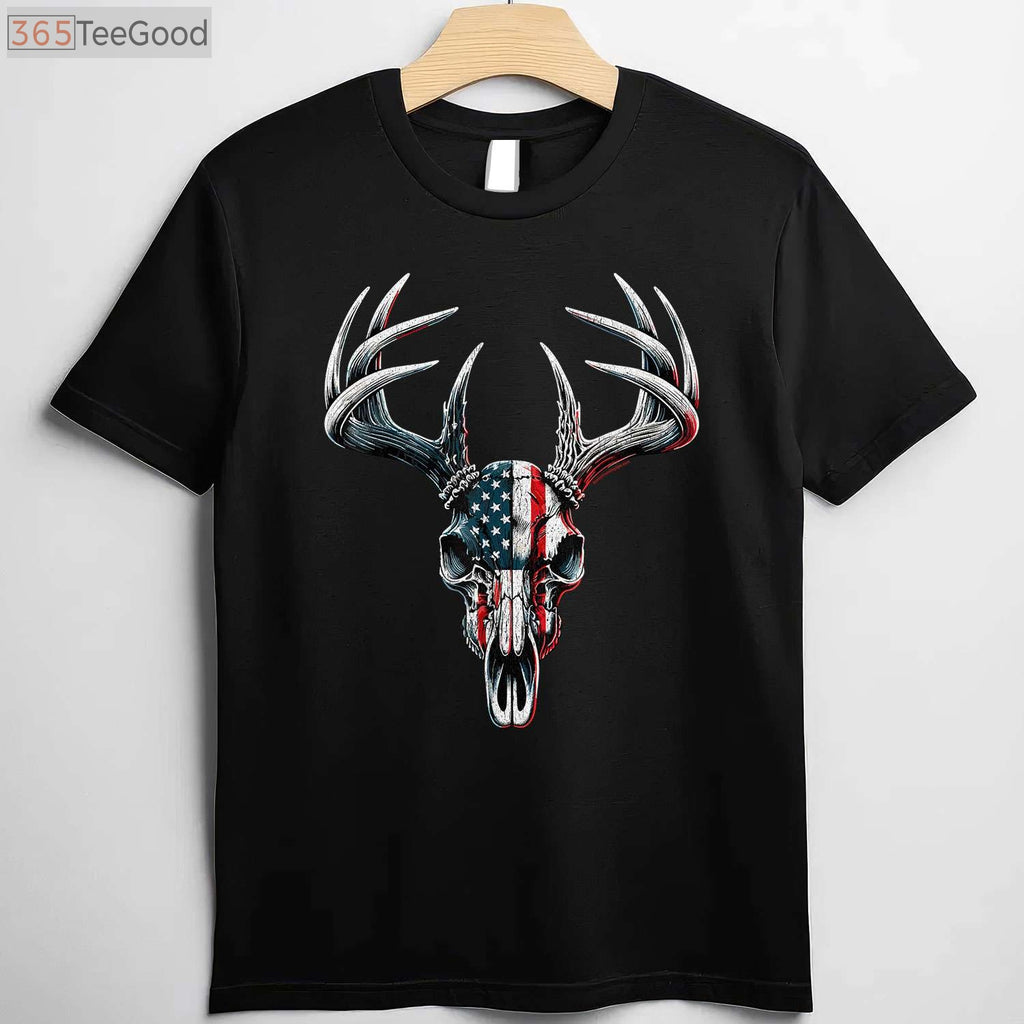Whitetail Deer Hunting Buck Skull Shirt, Patriotic American Flag Hunter Tee