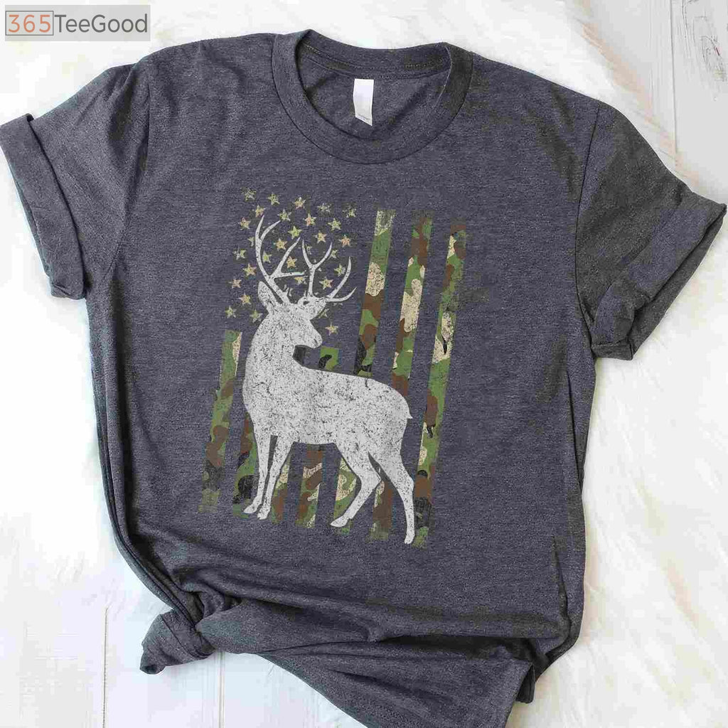 Whitetail Buck Hunting 4th of July Patriotic Shirt, USA Flag Camouflage Tee