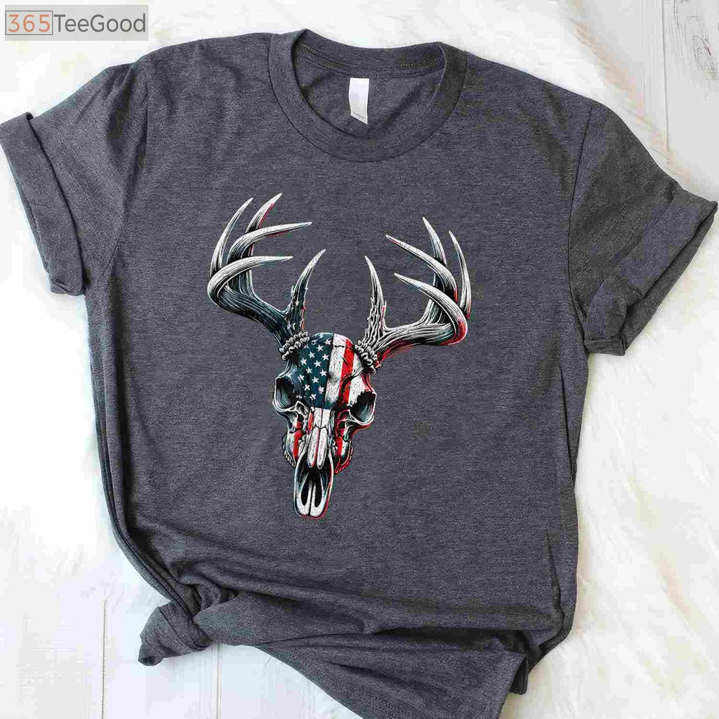 Whitetail Deer Hunting Buck Skull Shirt, Patriotic American Flag Hunter Tee
