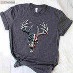Whitetail Deer Hunting Buck Skull Shirt, Patriotic American Flag Hunter Tee