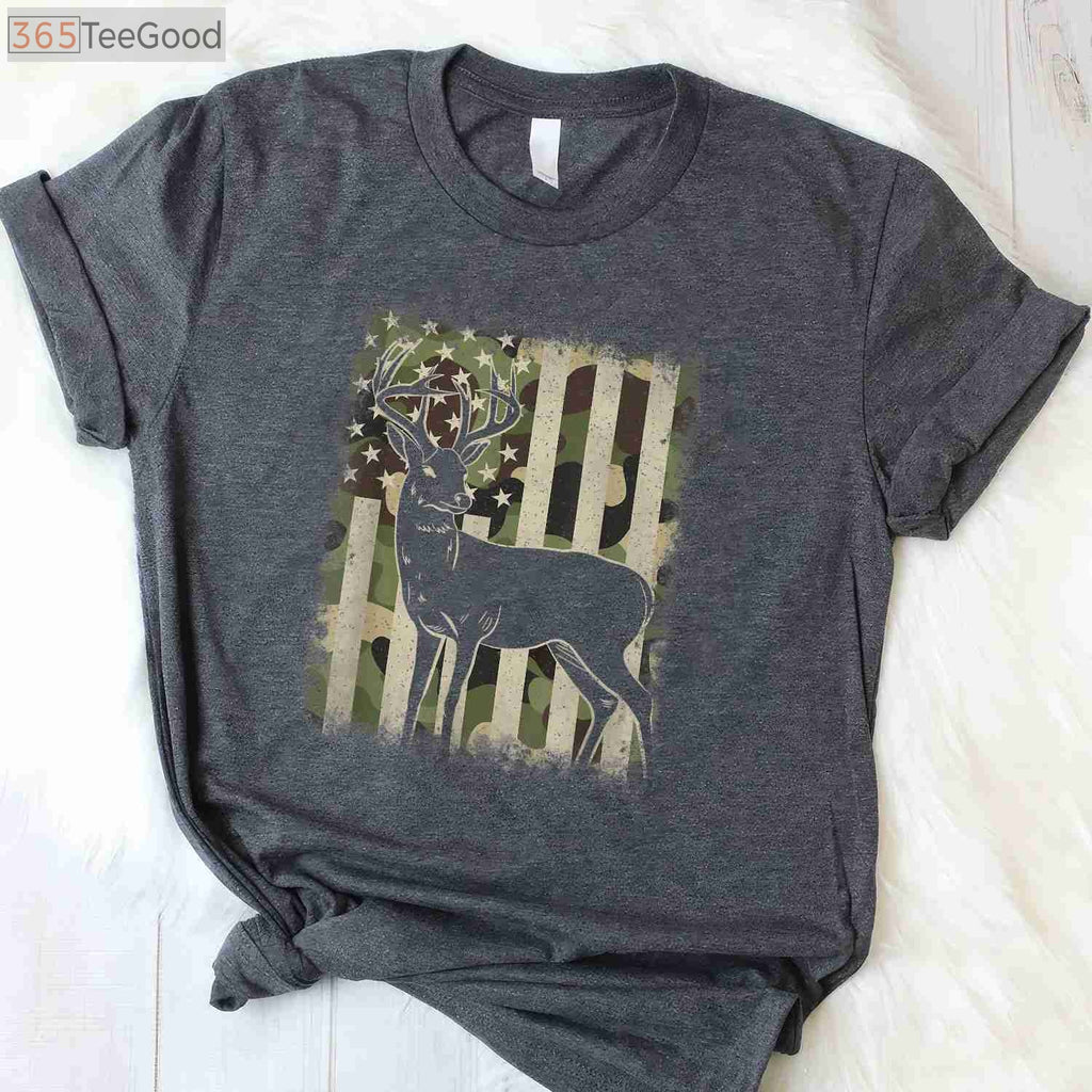 Whitetail Buck Hunting Camouflage Shirt, US Flag Patriotic Hunter Camo Tee