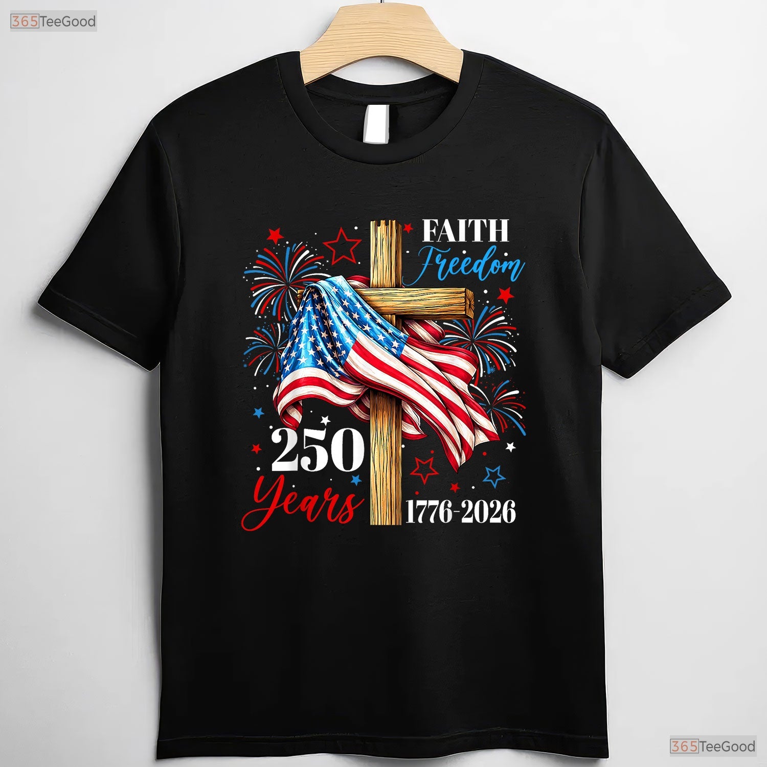 250 Years Faith Freedom USA Cross Valentine T-Shirt Offshore Fishing Apparel