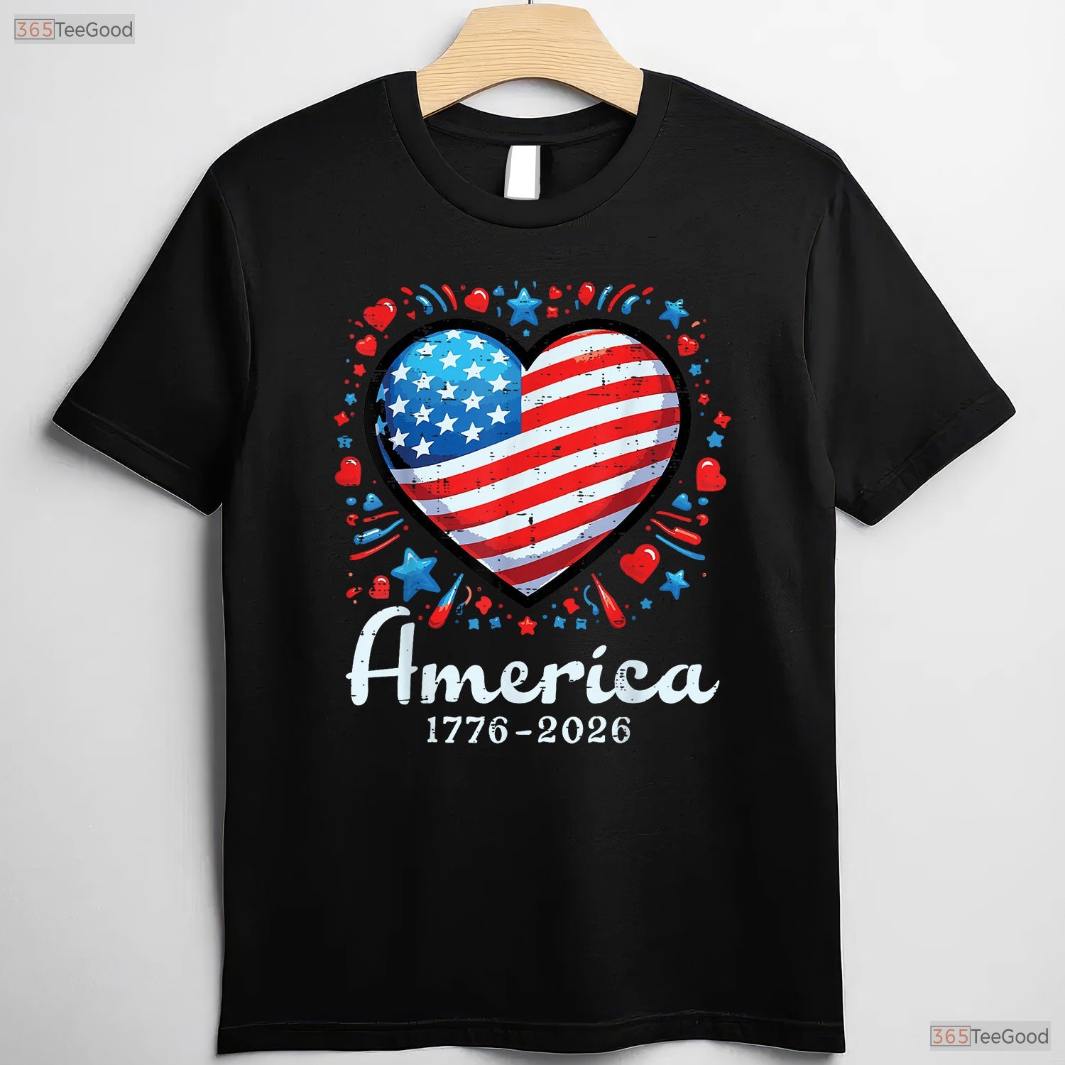 America US Flag Heart 250th Anniversary Valentine T-Shirt Surf Fishing Shirts Men