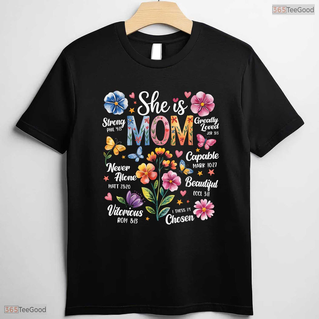 Christian Mothers Day T-Shirt She Is Mom Bible Verses Boho Floral Shirt Gift