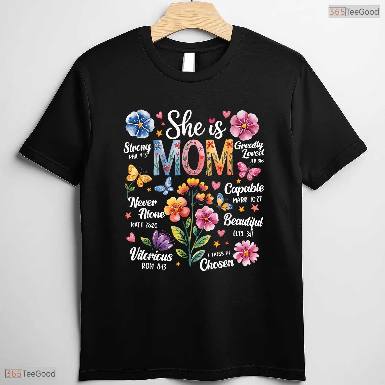 Christian Mothers Day T-Shirt She Is Mom Bible Verses Boho Floral Shirt Gift