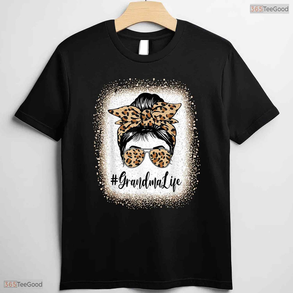 Grandma Life Leopard Messy Bun Grandma Mothers Day T-Shirt Gift For Women