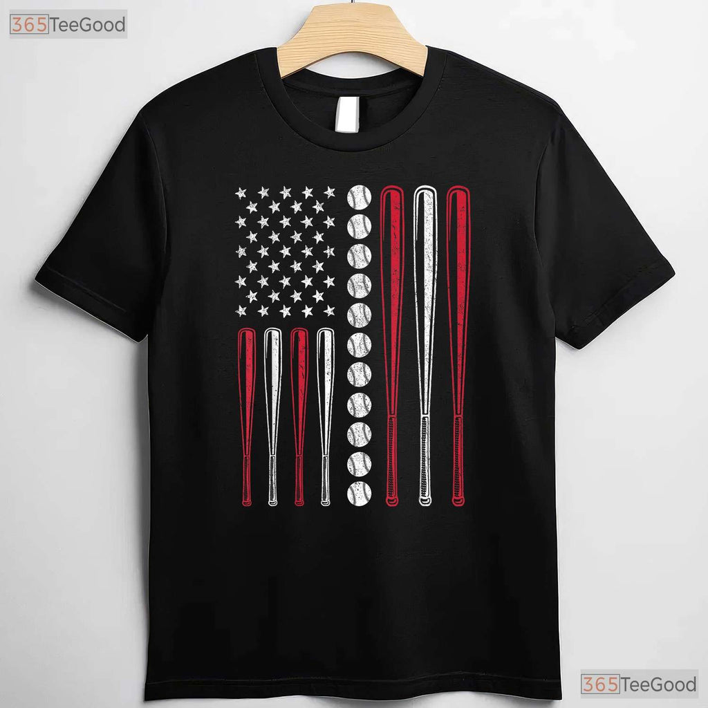 Patriotic Baseball 4th Of July T-Shirt Men Boys USA American Flag Sport Tee