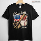 American Flag Baseball Player Bat Fan T-Shirt USA Catcher Pitcher Sport Tee