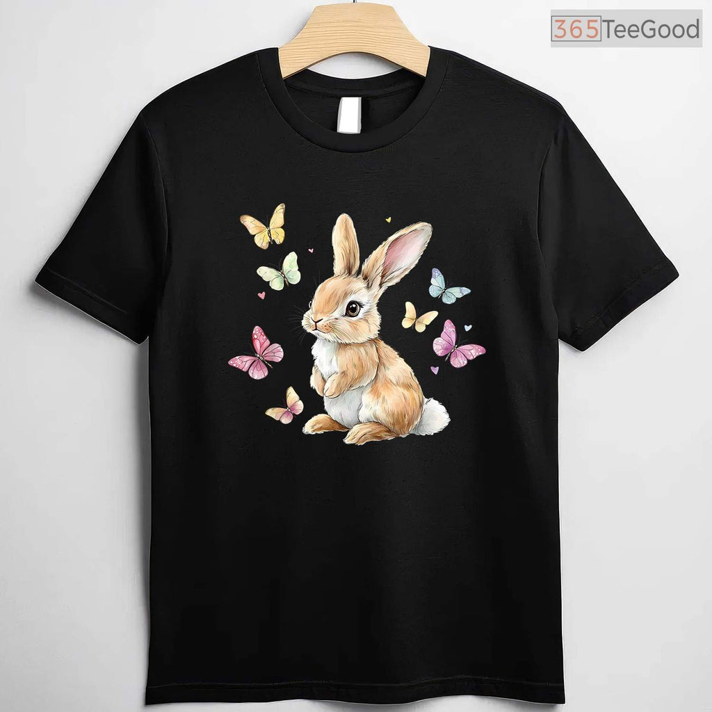 Cute Easter Bunny Rabbit Butterfly T-Shirt Happy Spring Animal Nature Lover Tee