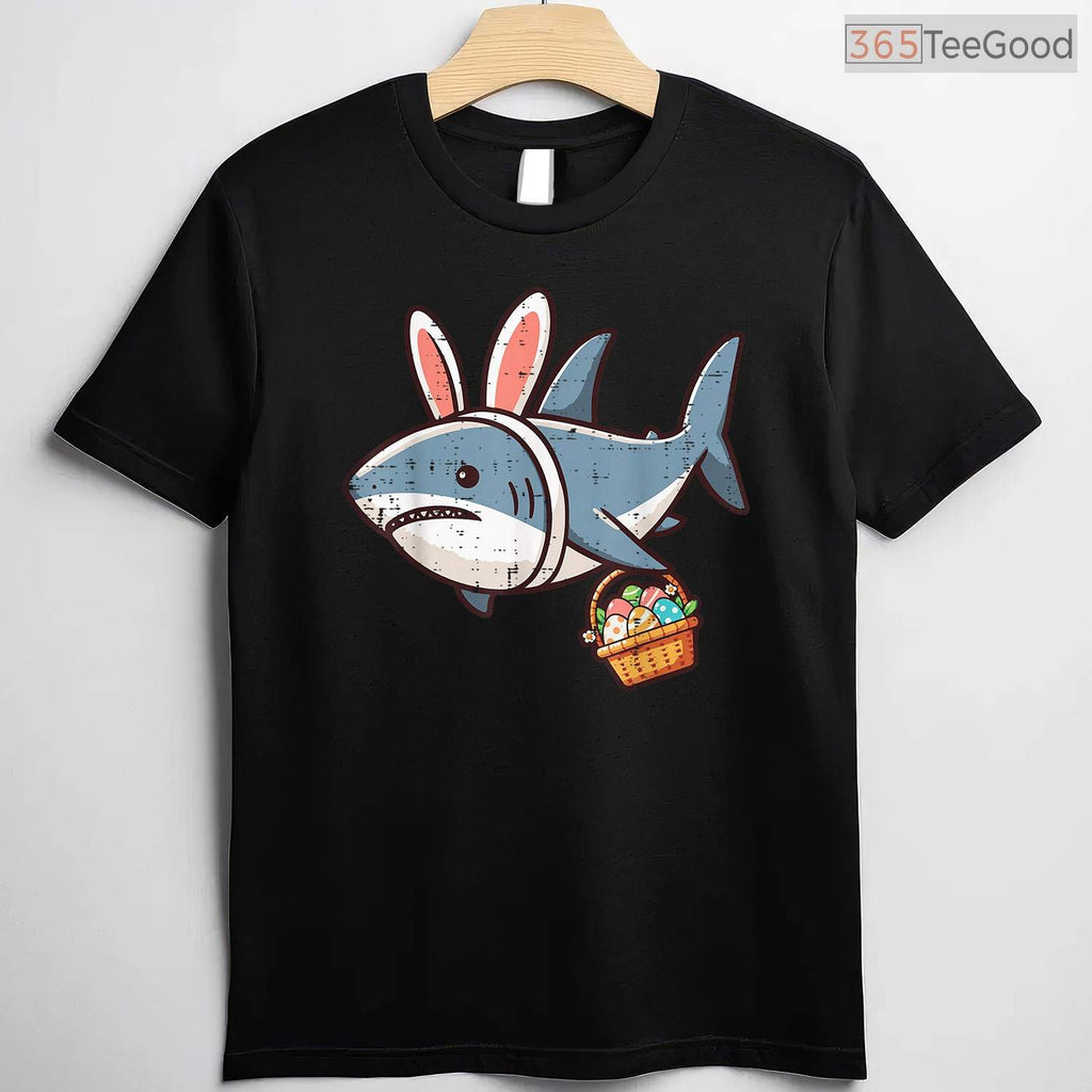 Shark Bunny Easter Eggs T-Shirt Funny Sea Animal Hunt Boys Kids Mens Top Shirt