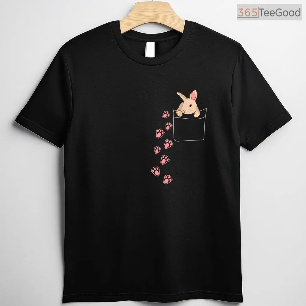 Easter Cute Bunny In Pocket T-Shirt Rabbit Footprints Faux Pocket Gift Shirt
