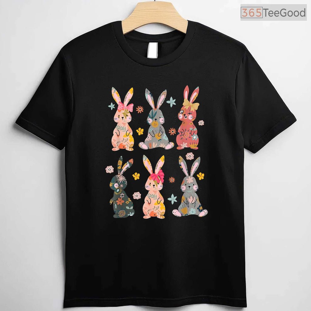 Vintage Retro Bunny Floral T-Shirt Flower Rabbit Easter Day Cute Womens Shirt