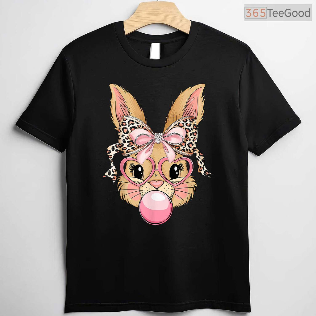 Cute Bunny Rabbit Face Leopard Glasses T-Shirt Girl Happy Easter Trendy Shirt