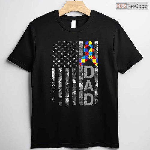 Autism Awareness Dad USA Flag Fathers Day Shirt April Support Men Gift T-Shirt