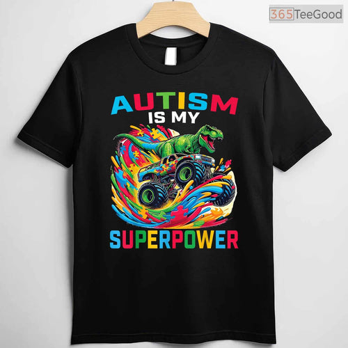 Autism Is My Superpower Dino T Rex Truck Shirt April Awareness Kids Boys T-Shirt