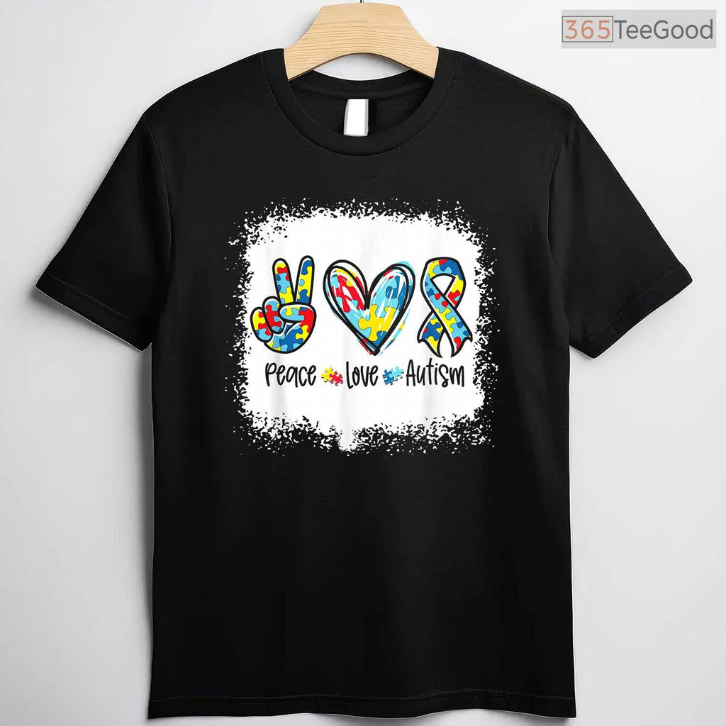 Peace Love Autism Puzzle Ribbon Bleached Shirt April Awareness Women T-Shirt