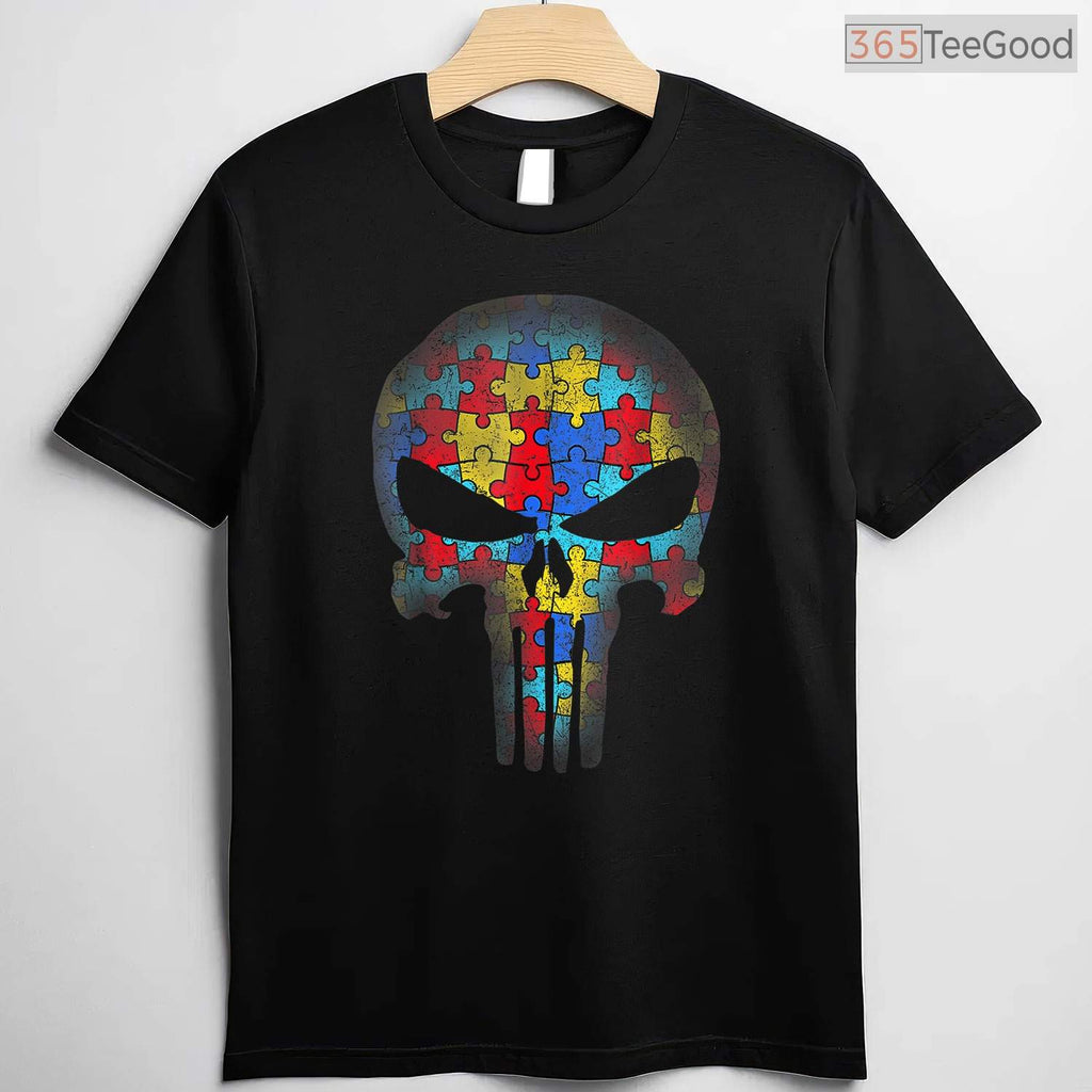 Skull Autism Awareness Puzzle Piece Mens Womens Shirt April Cool Edgy T-Shirt